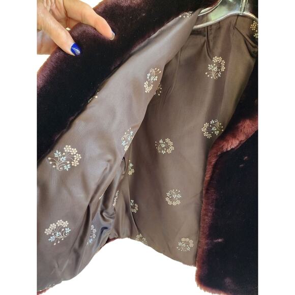 Vintage Faux Beaver Cropped Jacket Burgundy Brown Sz S Mob Wife - Picture 9 of 14